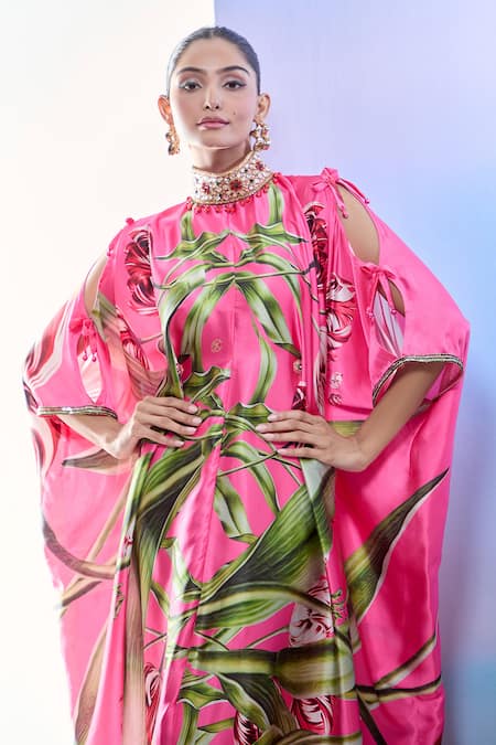 Shop_Pria Kataria Puri_Pink Satin Print Tulip Blossom High Collar Kaftan _Online_at_Aza_Fashions