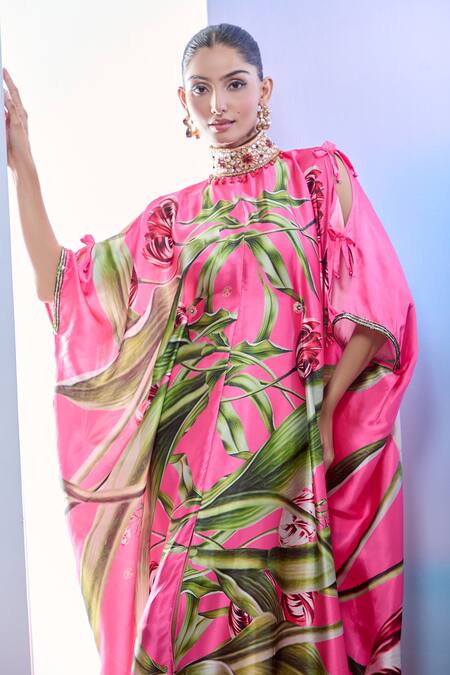 Pria Kataria Puri_Pink Satin Print Tulip Blossom High Collar Kaftan _at_Aza_Fashions
