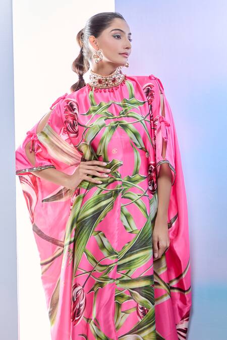 Buy_Pria Kataria Puri_Pink Satin Print Tulip Blossom High Collar Kaftan 