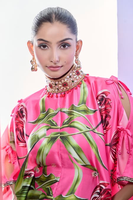 Shop_Pria Kataria Puri_Pink Satin Print Tulip Blossom High Collar Kaftan 