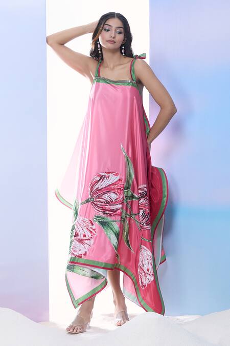 Pria Kataria Puri_Pink Silk Print Tulip Blossom Square Neck Asymmetrical Hem Dress _Online_at_Aza_Fashions