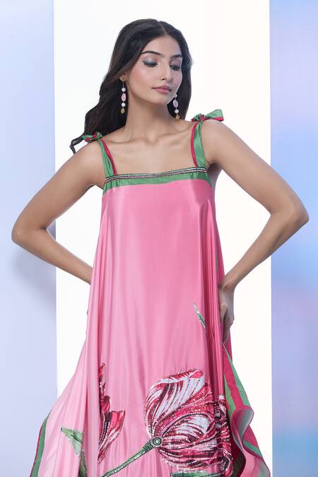 Shop_Pria Kataria Puri_Pink Silk Print Tulip Blossom Square Neck Asymmetrical Hem Dress 