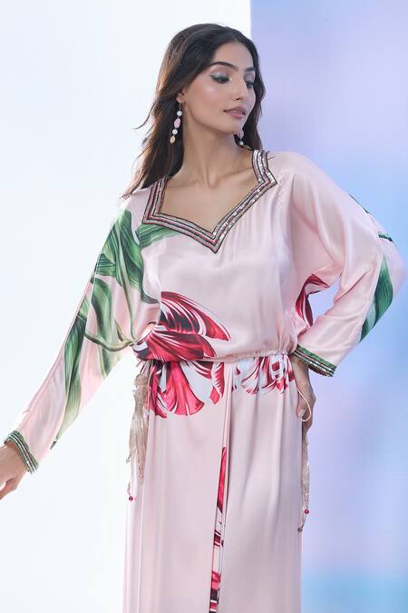 Pria Kataria Puri_Pink Satin Print Tulip Blossom Sweetheart Neck Maxi Dress _Online_at_Aza_Fashions