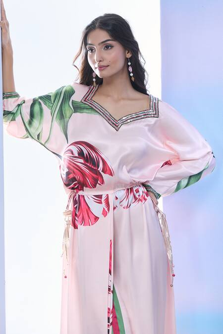 Buy_Pria Kataria Puri_Pink Satin Print Tulip Blossom Sweetheart Neck Maxi Dress _Online_at_Aza_Fashions