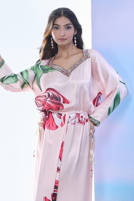 Shop_Pria Kataria Puri_Pink Satin Print Tulip Blossom Sweetheart Neck Maxi Dress _Online_at_Aza_Fashions