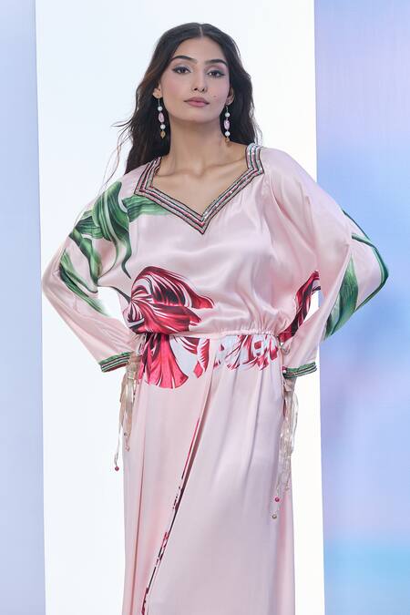 Pria Kataria Puri_Pink Satin Print Tulip Blossom Sweetheart Neck Maxi Dress _at_Aza_Fashions