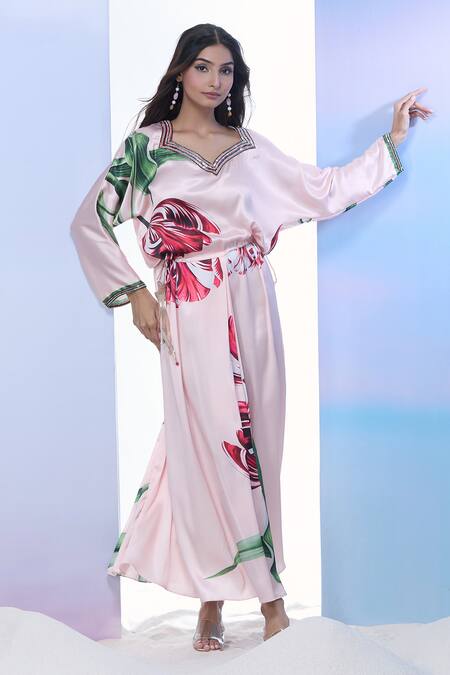 Shop_Pria Kataria Puri_Pink Satin Print Tulip Blossom Sweetheart Neck Maxi Dress 