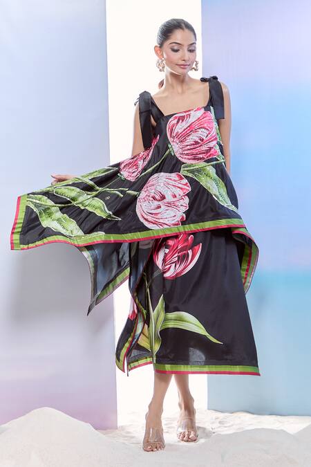 Pria Kataria Puri_Black Silk Print Tulip Blossom Square Neck Asymmetric Top And Skirt Set _Online_at_Aza_Fashions