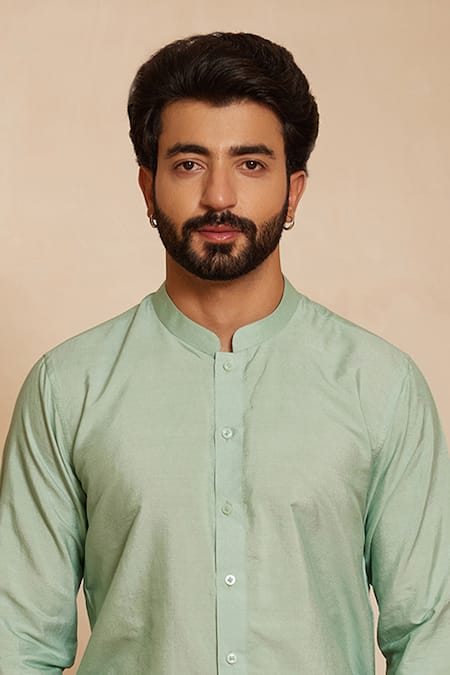 Shop_Shreyansh Designs_Blue Cotton, Silk Cyan Solid Shirt Style Kurta Set _Online_at_Aza_Fashions