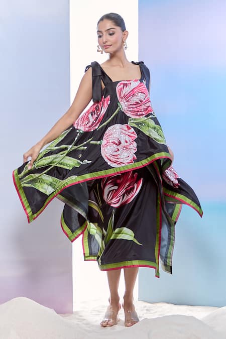 Buy_Pria Kataria Puri_Black Silk Print Tulip Blossom Square Neck Asymmetric Top And Skirt Set _Online_at_Aza_Fashions