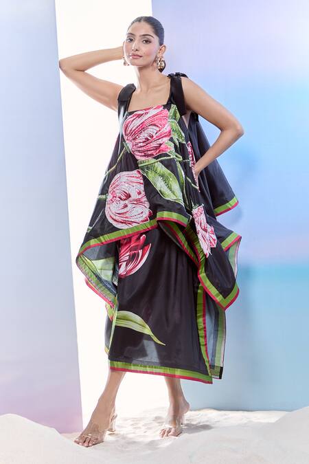 Shop_Pria Kataria Puri_Black Silk Print Tulip Blossom Square Neck Asymmetric Top And Skirt Set _Online_at_Aza_Fashions