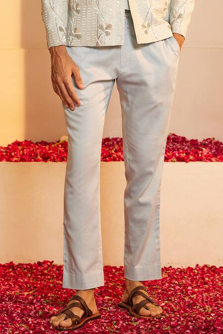 Shreyansh Designs_Blue Silk Pearls, Sequins Bloom Vine Embroidered Bandhgala And Pant Set _at_Aza_Fashions