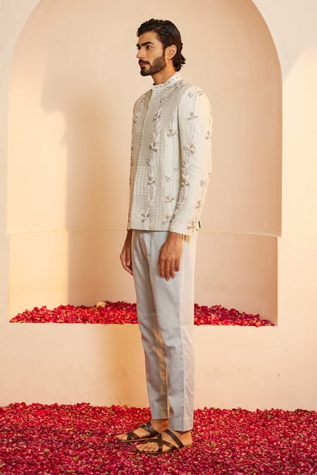 Buy_Shreyansh Designs_Blue Silk Pearls, Sequins Bloom Vine Embroidered Bandhgala And Pant Set 