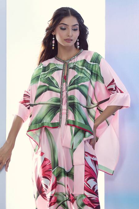 Pria Kataria Puri_Pink Satin Print Tulip Blossom Jacket Round Neck Jumpsuit And _Online_at_Aza_Fashions