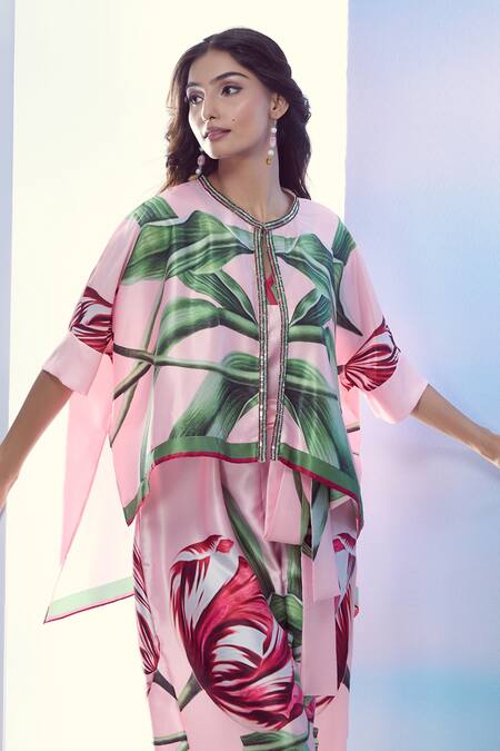 Buy_Pria Kataria Puri_Pink Satin Print Tulip Blossom Jacket Round Neck Jumpsuit And _Online_at_Aza_Fashions