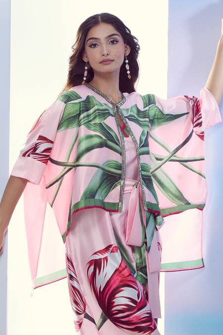 Shop_Pria Kataria Puri_Pink Satin Print Tulip Blossom Jacket Round Neck Jumpsuit And _Online_at_Aza_Fashions
