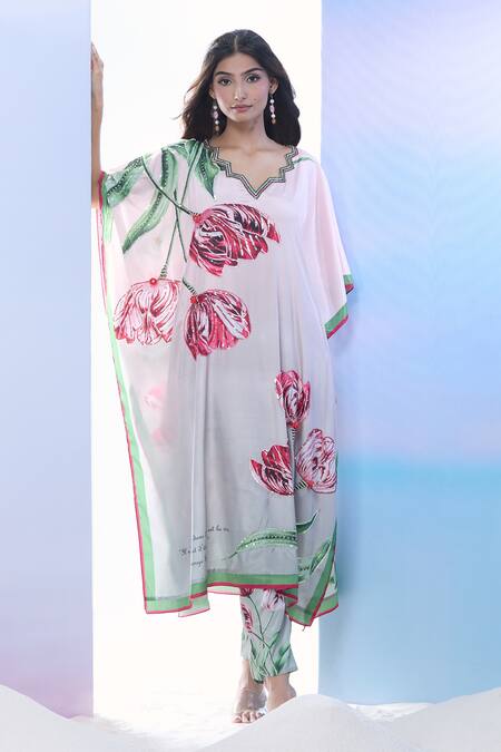 Shop_Pria Kataria Puri_Beige Silk Print Tulip Blossom Wavy Neck Kaftan And Pant Set _Online_at_Aza_Fashions