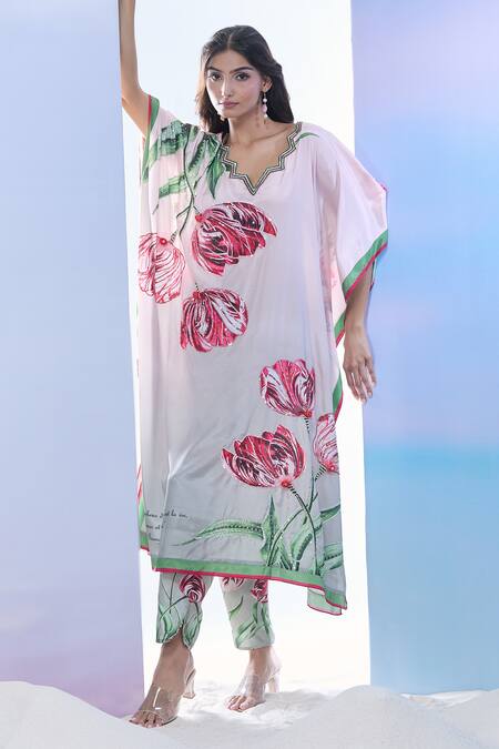 Pria Kataria Puri_Beige Silk Print Tulip Blossom Wavy Neck Kaftan And Pant Set _at_Aza_Fashions