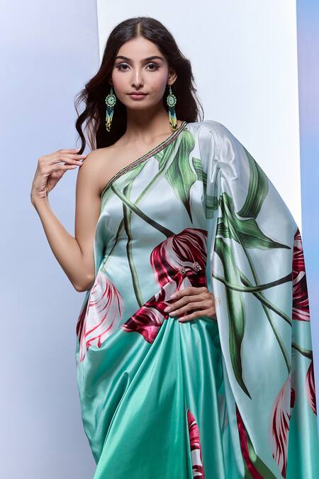 Shop_Pria Kataria Puri_White Satin Asymmetric Tulip Blossom Print Kaftan _Online_at_Aza_Fashions