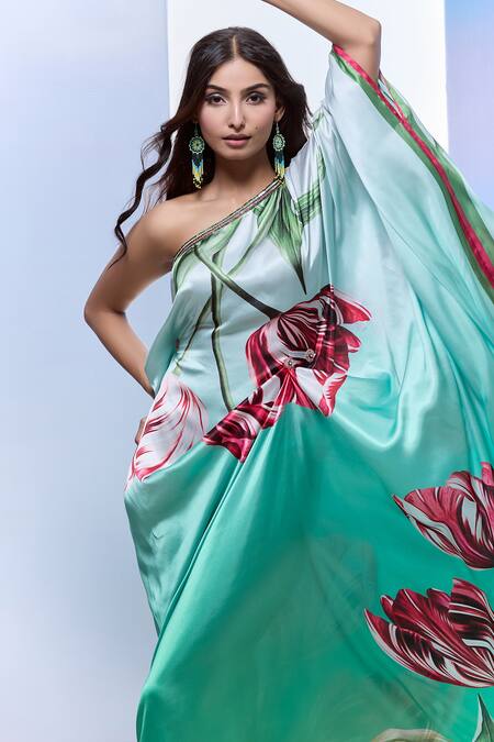 Buy_Pria Kataria Puri_White Satin Asymmetric Tulip Blossom Print Kaftan 