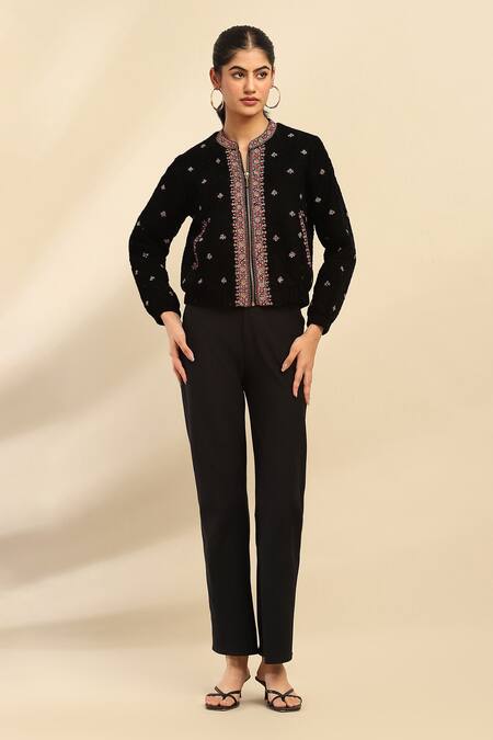 Ritu Kumar, Ri.Ritu Kumar, aarke Ritu Kumar_Black Poly Velvet Embroidered Floral Band Collar Puffer Jacket_at_Aza_Fashions