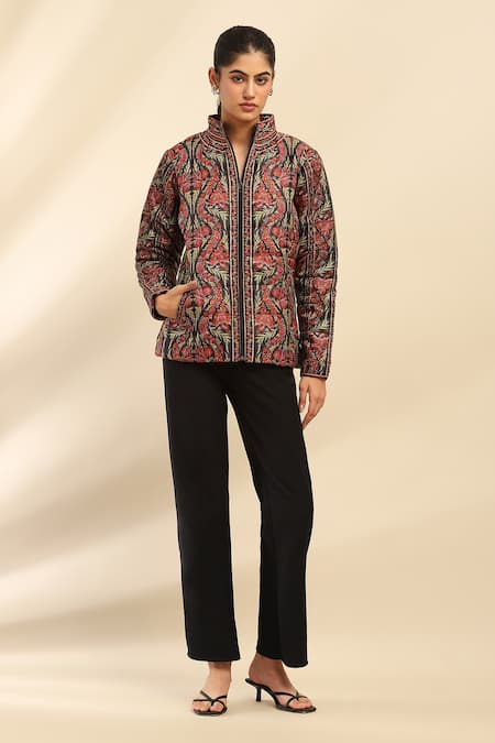 Ritu Kumar, Ri.Ritu Kumar, aarke Ritu Kumar Black Poly Taffeta Printed Floral Band Collar Jacket at Aza Fashions Ritu Kumar, Ri.Ritu Kumar, aarke Ritu Kumar_Black Poly Taffeta Printed Floral Band Collar Jacket_at_Aza_Fashions