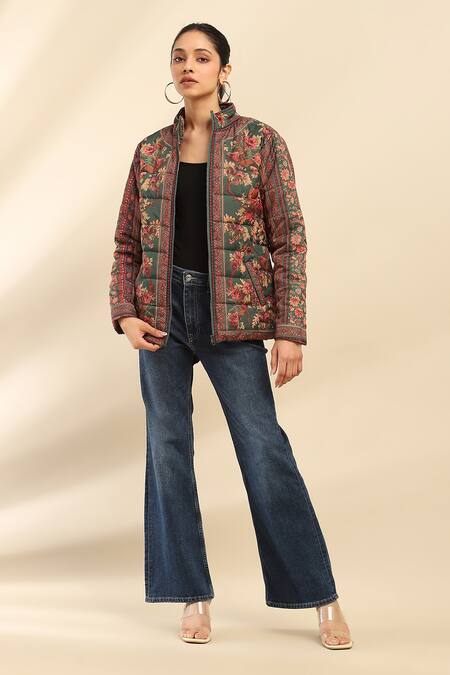 Ritu Kumar, Ri.Ritu Kumar, aarke Ritu Kumar Green Poly Taffeta Printed Floral Band Collar Jacket at Aza Fashions Ritu Kumar, Ri.Ritu Kumar, aarke Ritu Kumar_Green Poly Taffeta Printed Floral Band Collar Jacket_at_Aza_Fashions