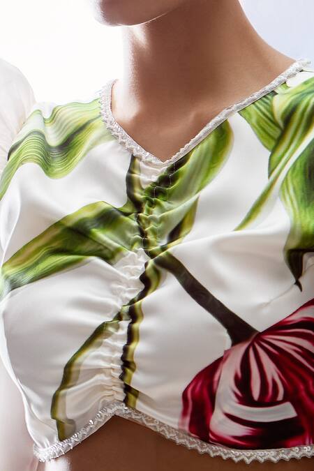 Buy_Pria Kataria Puri_White Satin Printed Tulip V-neck Crop Top And Asymmetric Skirt _Online_at_Aza_Fashions