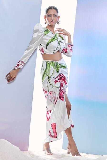 Pria Kataria Puri_White Satin Printed Tulip V-neck Crop Top And Asymmetric Skirt _at_Aza_Fashions