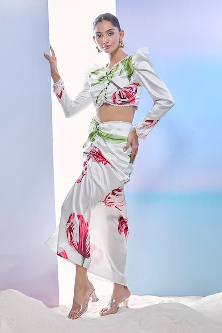 Shop_Pria Kataria Puri_White Satin Printed Tulip V-neck Crop Top And Asymmetric Skirt 