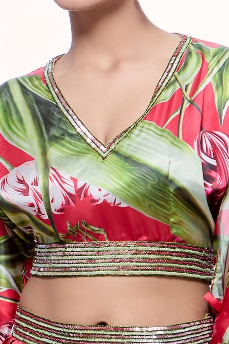 Shop_Pria Kataria Puri_Red Satin Printed Tulip V-neck Crop Top And Skirt Set 