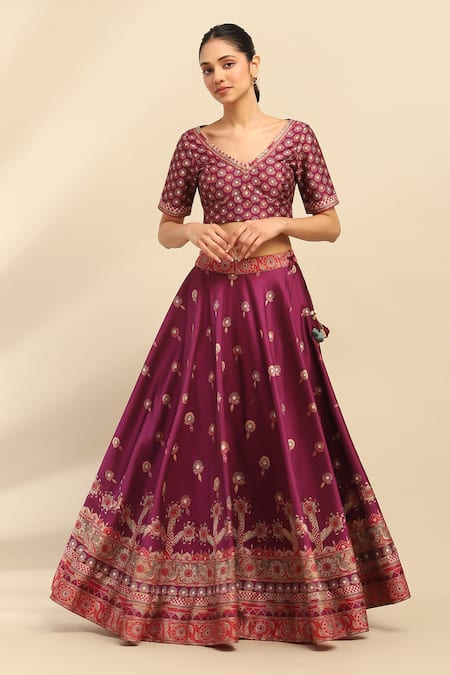 Buy Ritu Kumar, Ri.Ritu Kumar, aarke Ritu Kumar Purple Polyester Embroidery, Tassels V-neck Tribal Bud Bloom Lehenga Set Buy_Ritu Kumar, Ri.Ritu Kumar, aarke Ritu Kumar_Purple Polyester Embroidery, Tassels V-neck Tribal Bud Bloom Lehenga Set