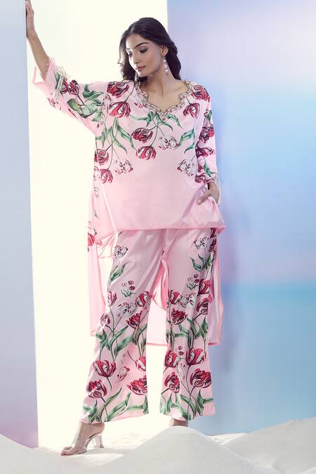 Buy_Pria Kataria Puri_Pink Silk Lace, Pearls V-neck Tulip Print High-low Tunic And Pant Set _Online_at_Aza_Fashions