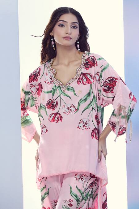 Shop_Pria Kataria Puri_Pink Silk Lace, Pearls V-neck Tulip Print High-low Tunic And Pant Set _Online_at_Aza_Fashions