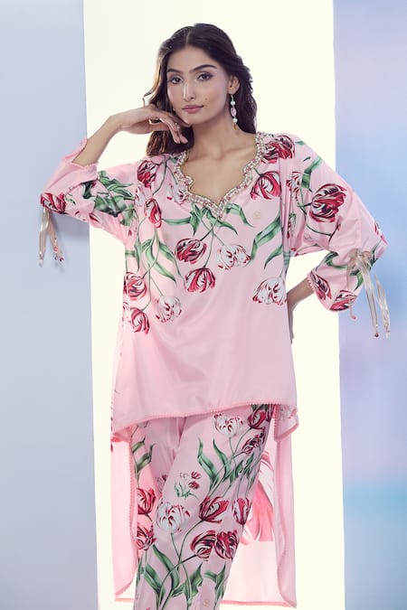 Pria Kataria Puri_Pink Silk Lace, Pearls V-neck Tulip Print High-low Tunic And Pant Set _at_Aza_Fashions
