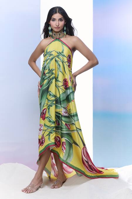 Pria Kataria Puri_Yellow Satin Printed Tulip Band Collar High-low Dress _Online_at_Aza_Fashions
