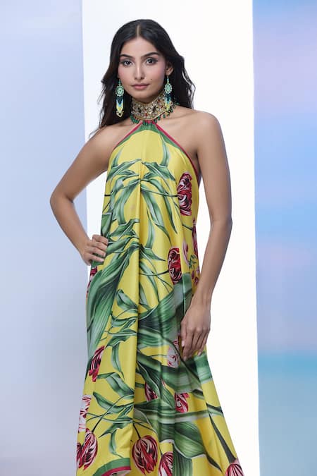 Pria Kataria Puri_Yellow Satin Printed Tulip Band Collar High-low Dress _at_Aza_Fashions