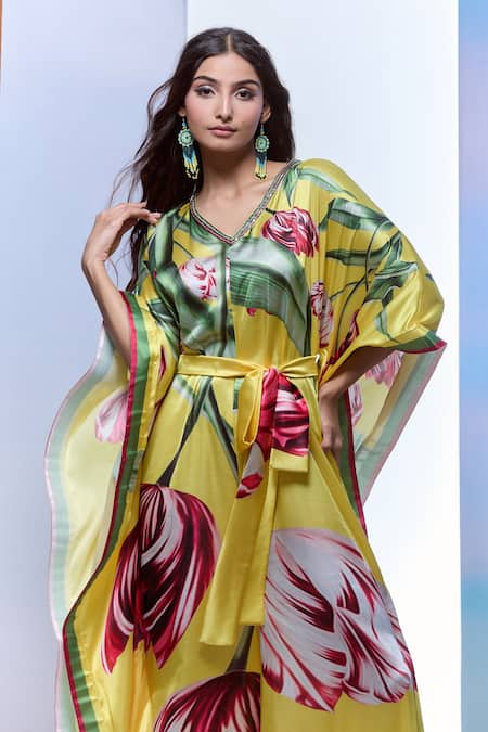 Pria Kataria Puri_Yellow Satin Printed Tulip V-neck Embellished Jumpsuit _Online_at_Aza_Fashions