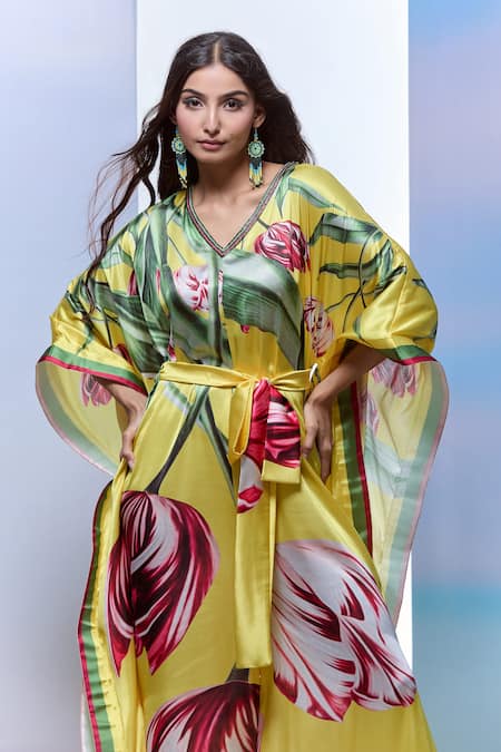 Buy_Pria Kataria Puri_Yellow Satin Printed Tulip V-neck Embellished Jumpsuit _Online_at_Aza_Fashions