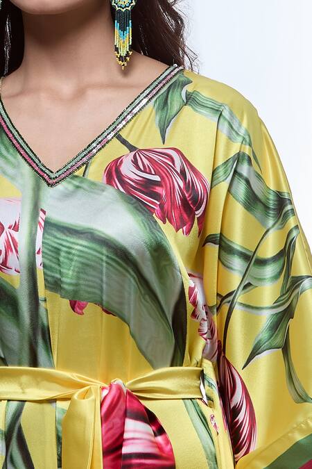 Shop_Pria Kataria Puri_Yellow Satin Printed Tulip V-neck Embellished Jumpsuit _Online_at_Aza_Fashions