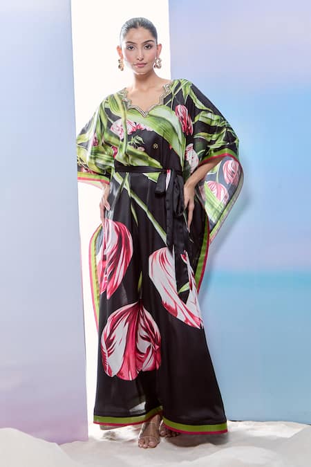 Shop_Pria Kataria Puri_Black Satin Printed Tulip Wavy V-neck Sequined Kaftan 