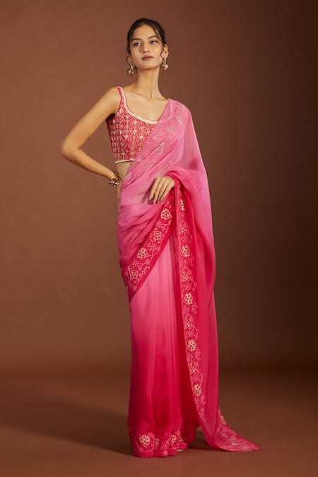 Meghna Shah_Pink Organza, Embroidery, Zari Scoop Neck Floral Ombre Saree And Blouse _Online_at_Aza_Fashions