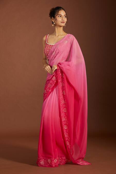 Shop_Meghna Shah_Pink Organza, Embroidery, Zari Scoop Neck Floral Ombre Saree And Blouse _Online_at_Aza_Fashions