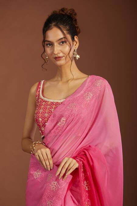 Meghna Shah_Pink Organza, Embroidery, Zari Scoop Neck Floral Ombre Saree And Blouse _at_Aza_Fashions