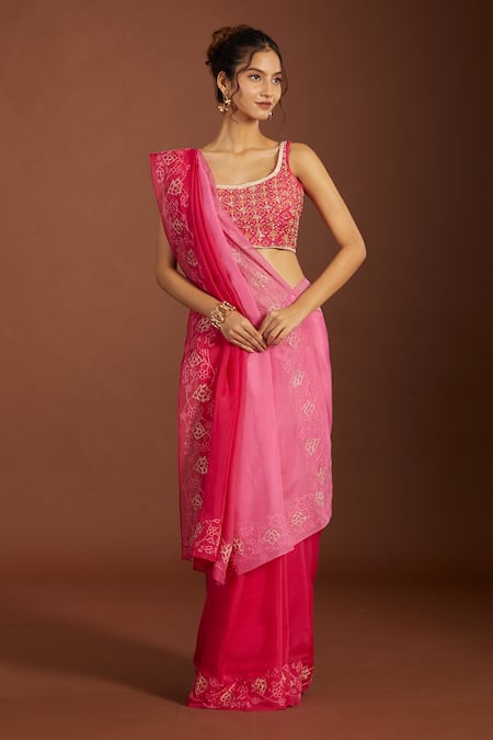 Buy_Meghna Shah_Pink Organza, Embroidery, Zari Scoop Neck Floral Ombre Saree And Blouse 
