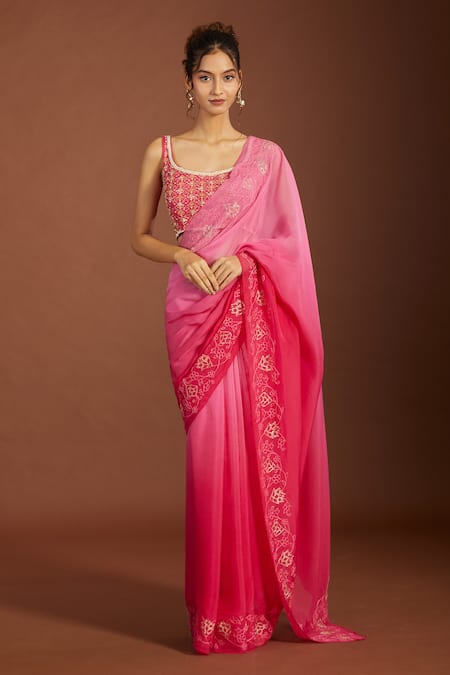 Shop_Meghna Shah_Pink Organza, Embroidery, Zari Scoop Neck Floral Ombre Saree And Blouse 