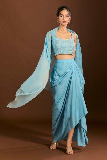 Meghna Shah_Blue Organza, Embroidery, Zari Scoop Neck Jaal Blouse Dhoti Set _Online_at_Aza_Fashions