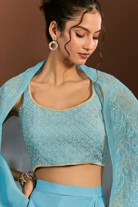 Buy_Meghna Shah_Blue Organza, Embroidery, Zari Scoop Neck Jaal Blouse Dhoti Set _Online_at_Aza_Fashions
