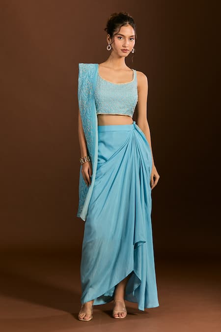 Shop_Meghna Shah_Blue Organza, Embroidery, Zari Scoop Neck Jaal Blouse Dhoti Set _Online_at_Aza_Fashions