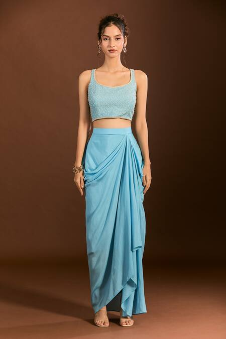 Shop_Meghna Shah_Blue Organza, Embroidery, Zari Scoop Neck Jaal Blouse Dhoti Set 